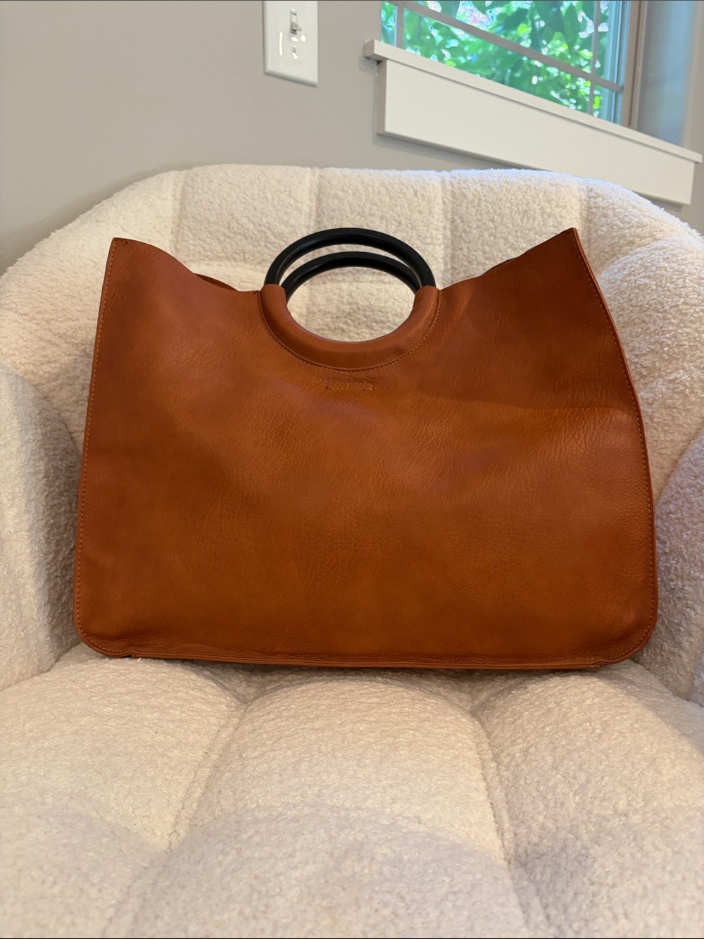 New York & Company Tan Leather Tote with Black Round Handles